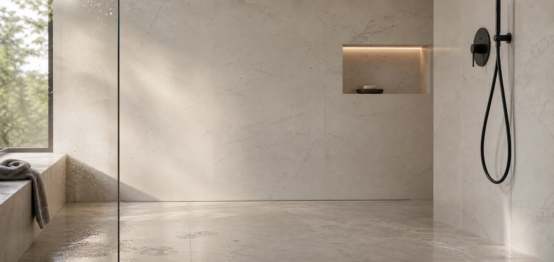 Premium walk-in shower with black shower fixture and subtle linear drain