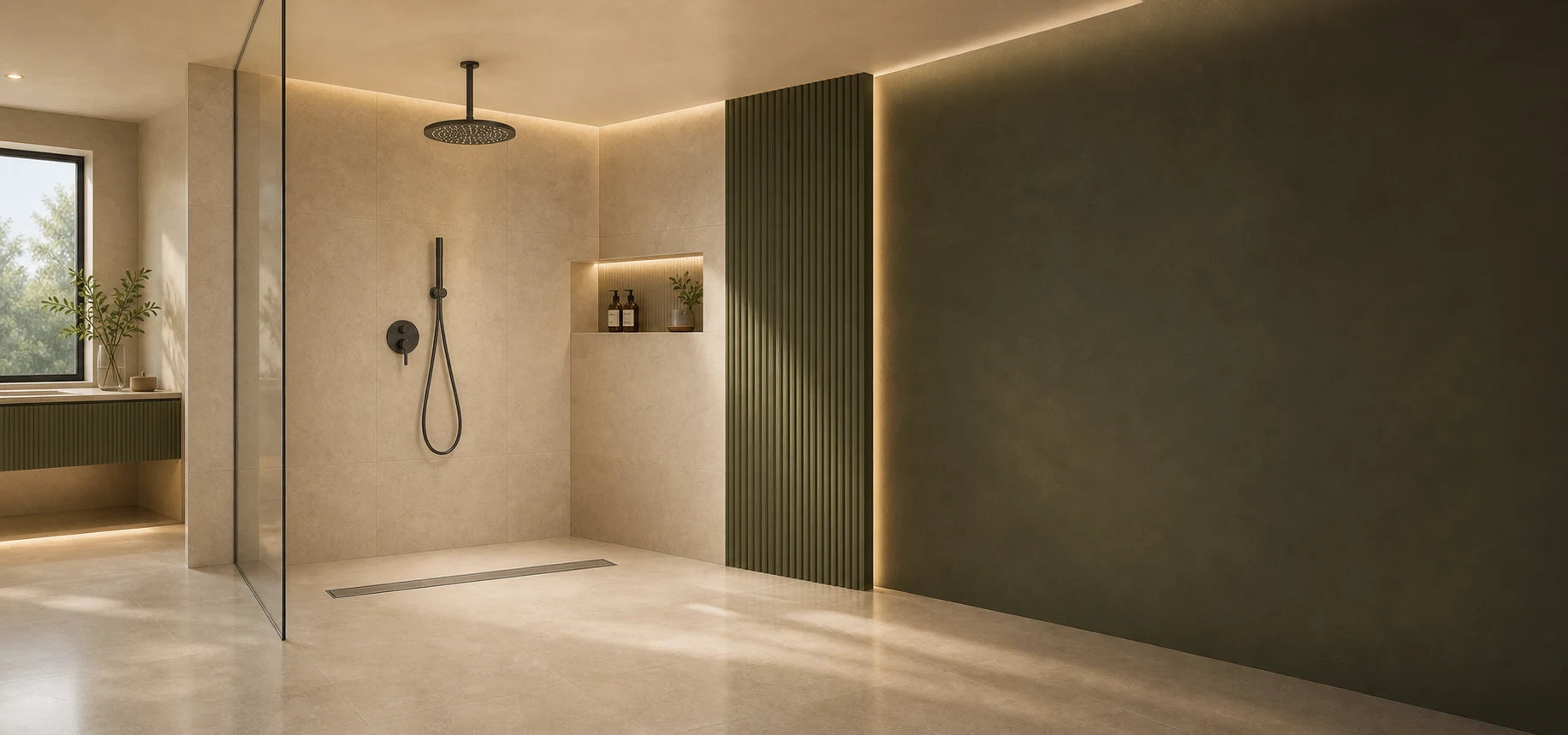 Veloaura beige and olive walk-in shower with a linear shower drain below a rain shower head