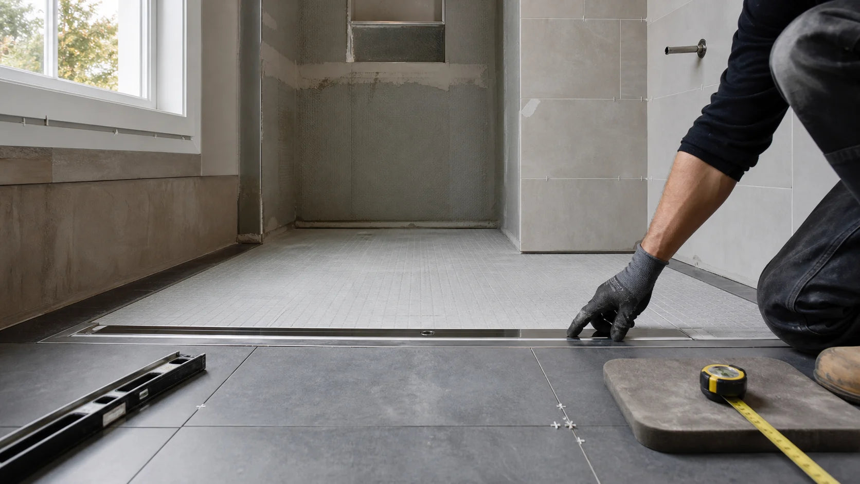 Professional bathroom renovation shower drain installation in progress